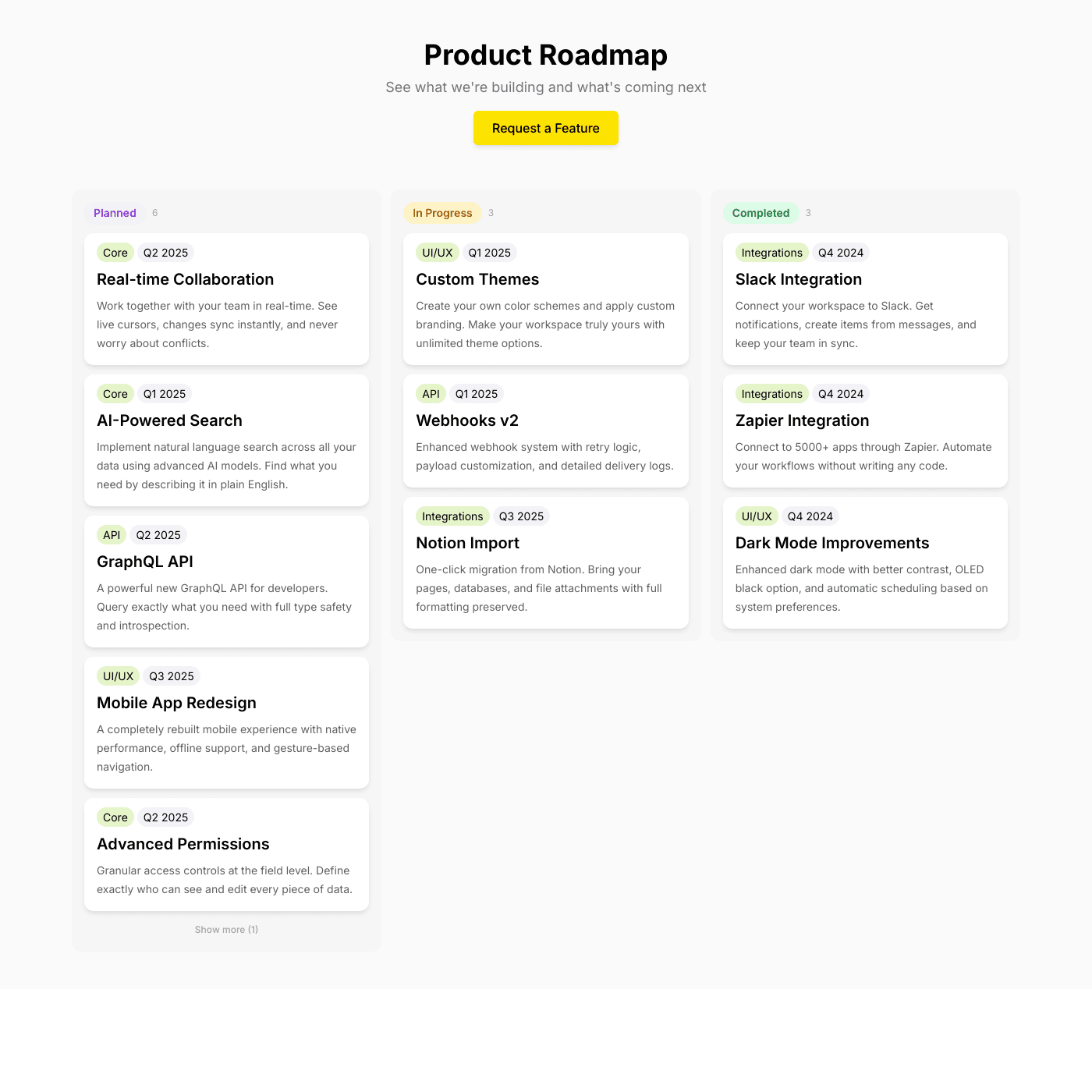 Public Roadmap Widget embedded on a website