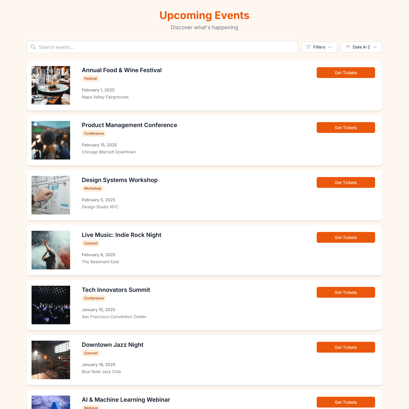 Events Widget embedded on a website